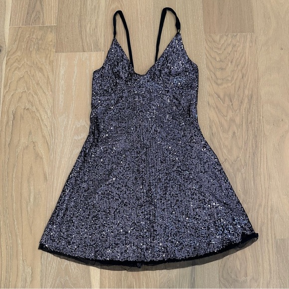 Free People Gold Rush Mini Dress Sequins Sparkle Night Black Dark Romantic Large - Picture 11 of 16